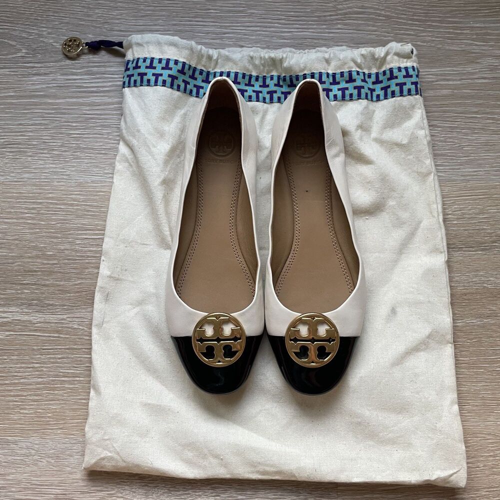 Tory Burch Chelsea Cap-Toe Leather Ballet Flats in Ivory & Black
